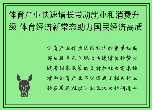 体育产业快速增长带动就业和消费升级 体育经济新常态助力国民经济高质量发展